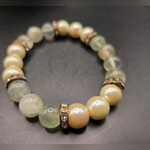Soft Green Beaded Stretch Bracelet | Pearl-Tone & Crystal Spacers | Minimal Boho